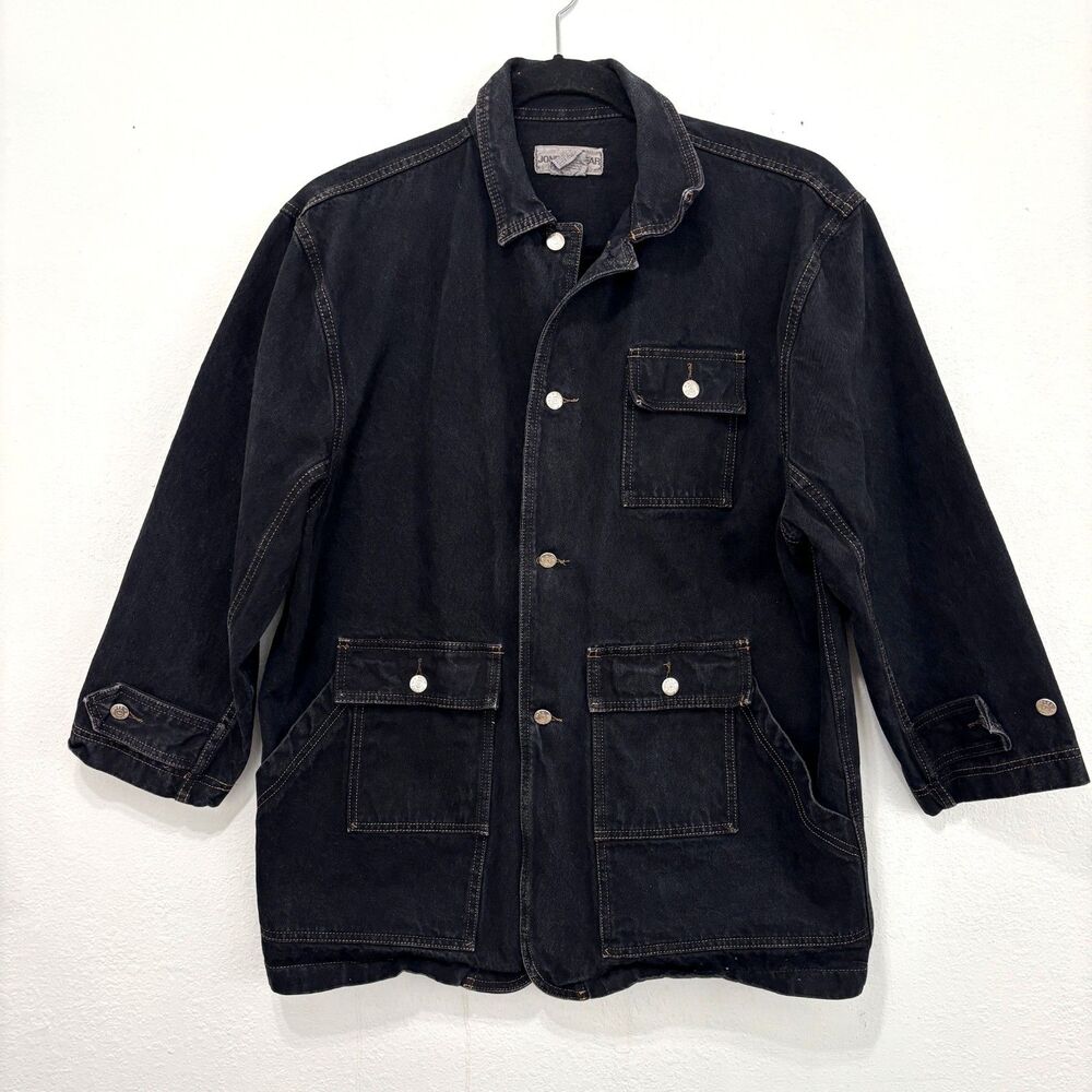 Jones Wear Mens Black Denim Barn Chore Coat Medium Trucker Vintage 90s Ranch